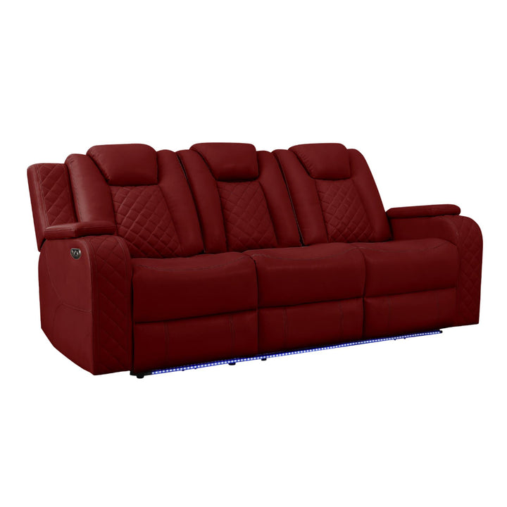 Red sofa with quilted design on a white background