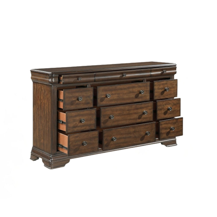 Wooden dresser with multiple drawers on a white background