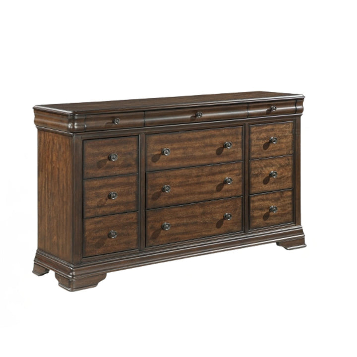 Wooden dresser with multiple drawers on a white background