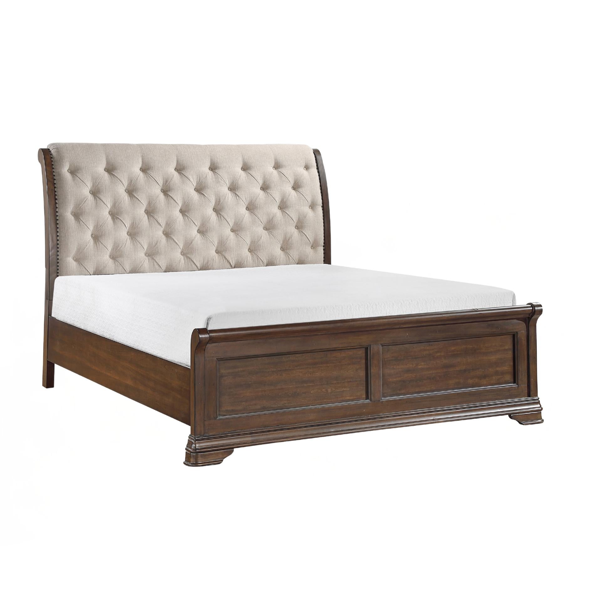 Wooden bed with tufted headboard and white mattress on a white background
