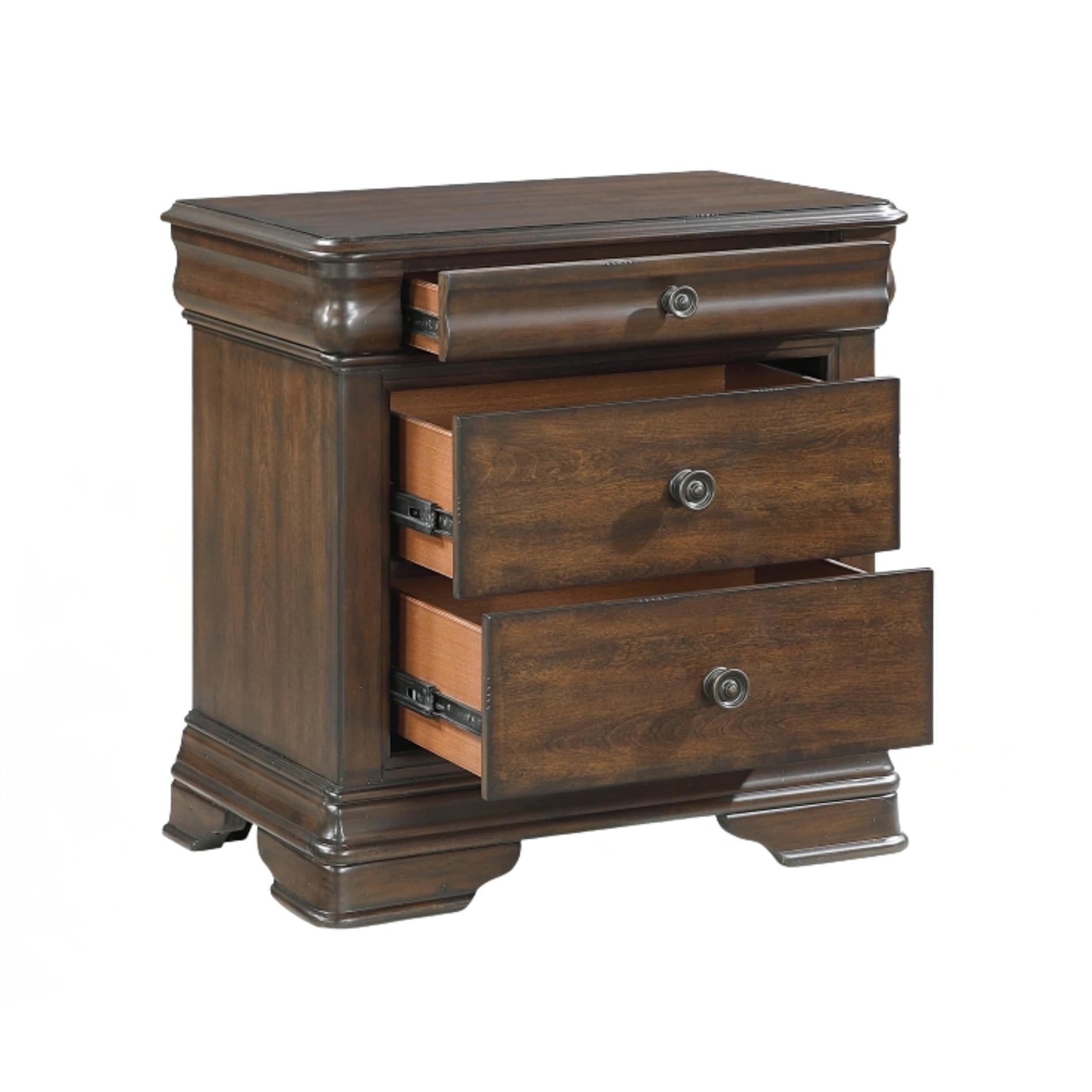Wooden nightstand with two drawers on a white background