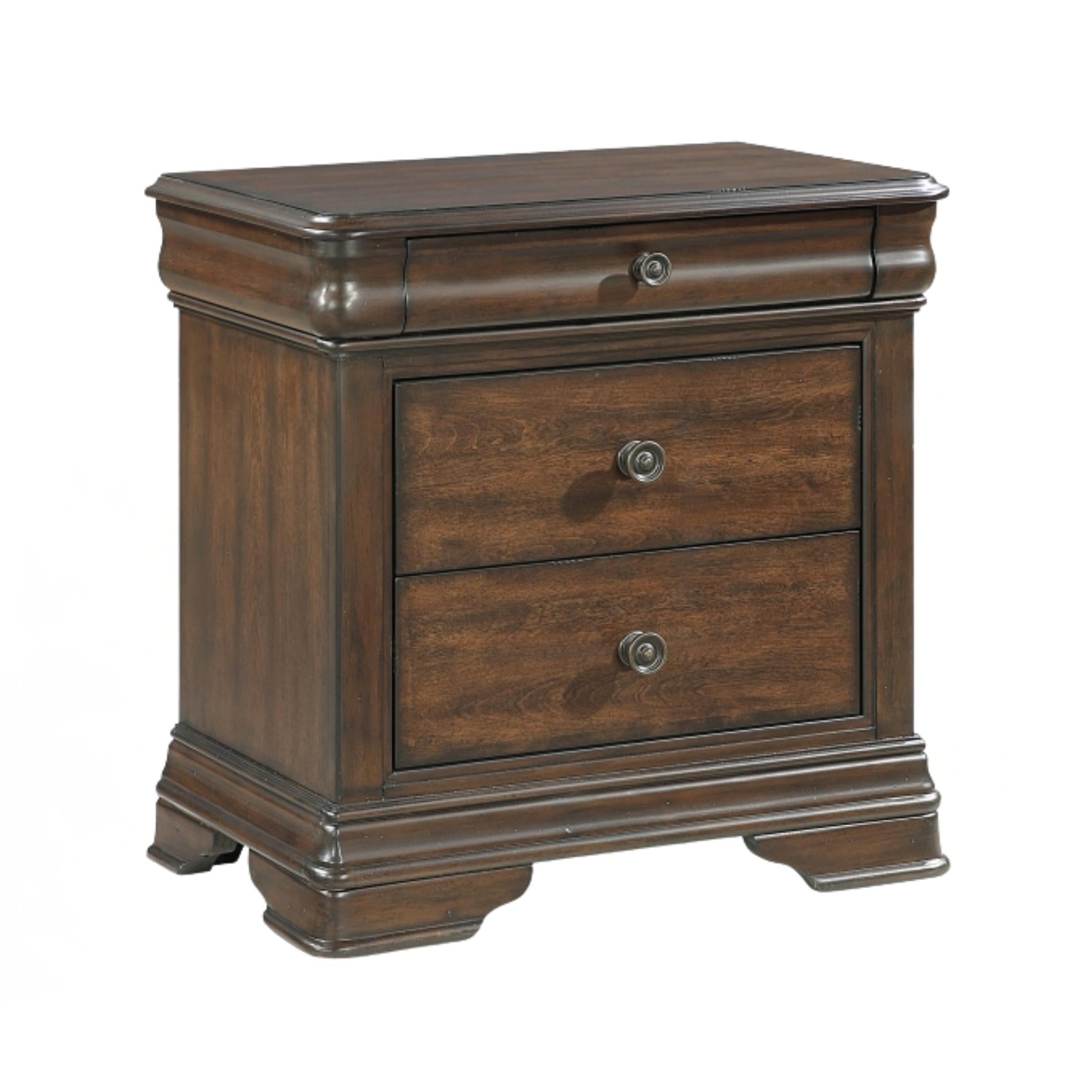 Wooden nightstand with two drawers on a white background