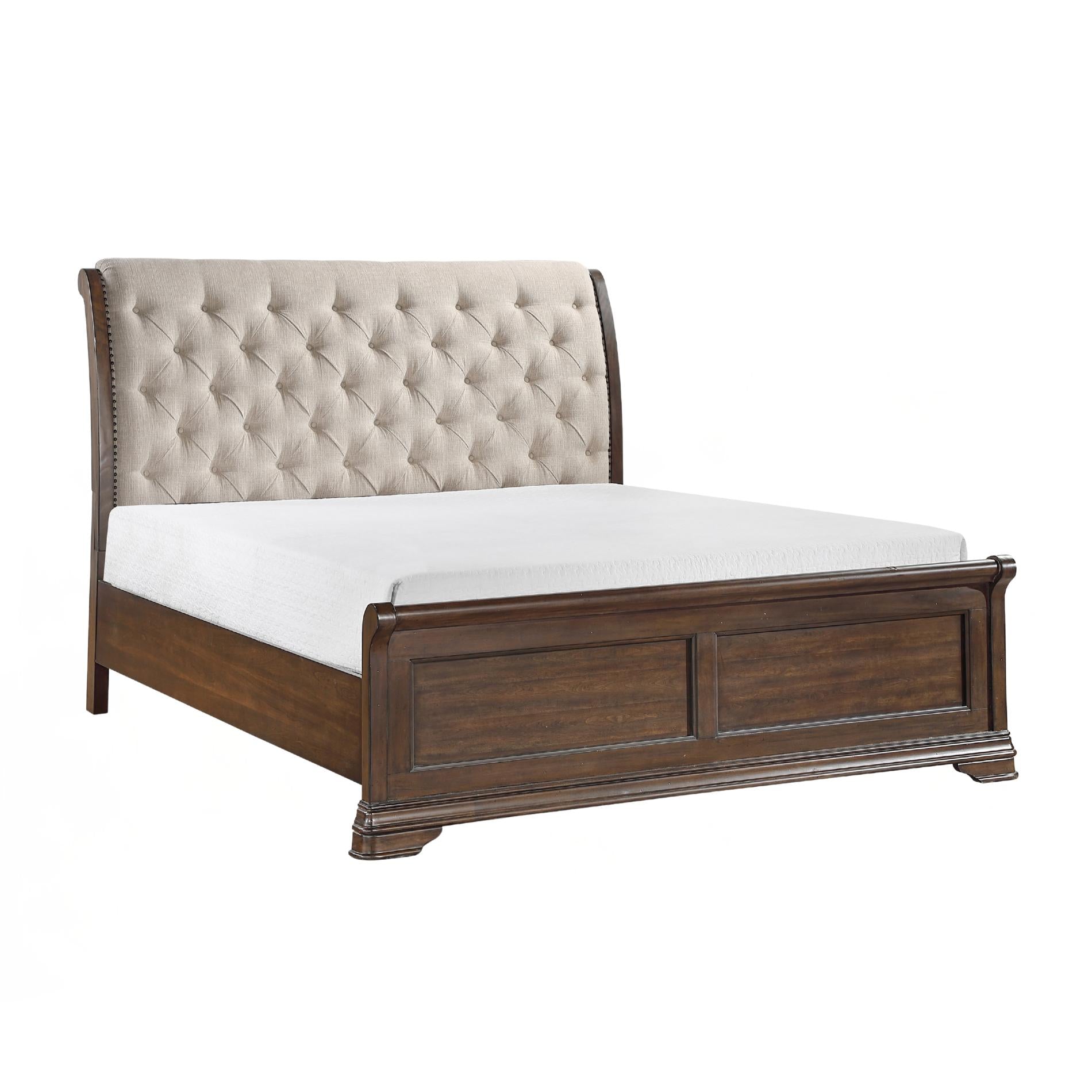 Wooden bed with tufted headboard and white mattress on a white background