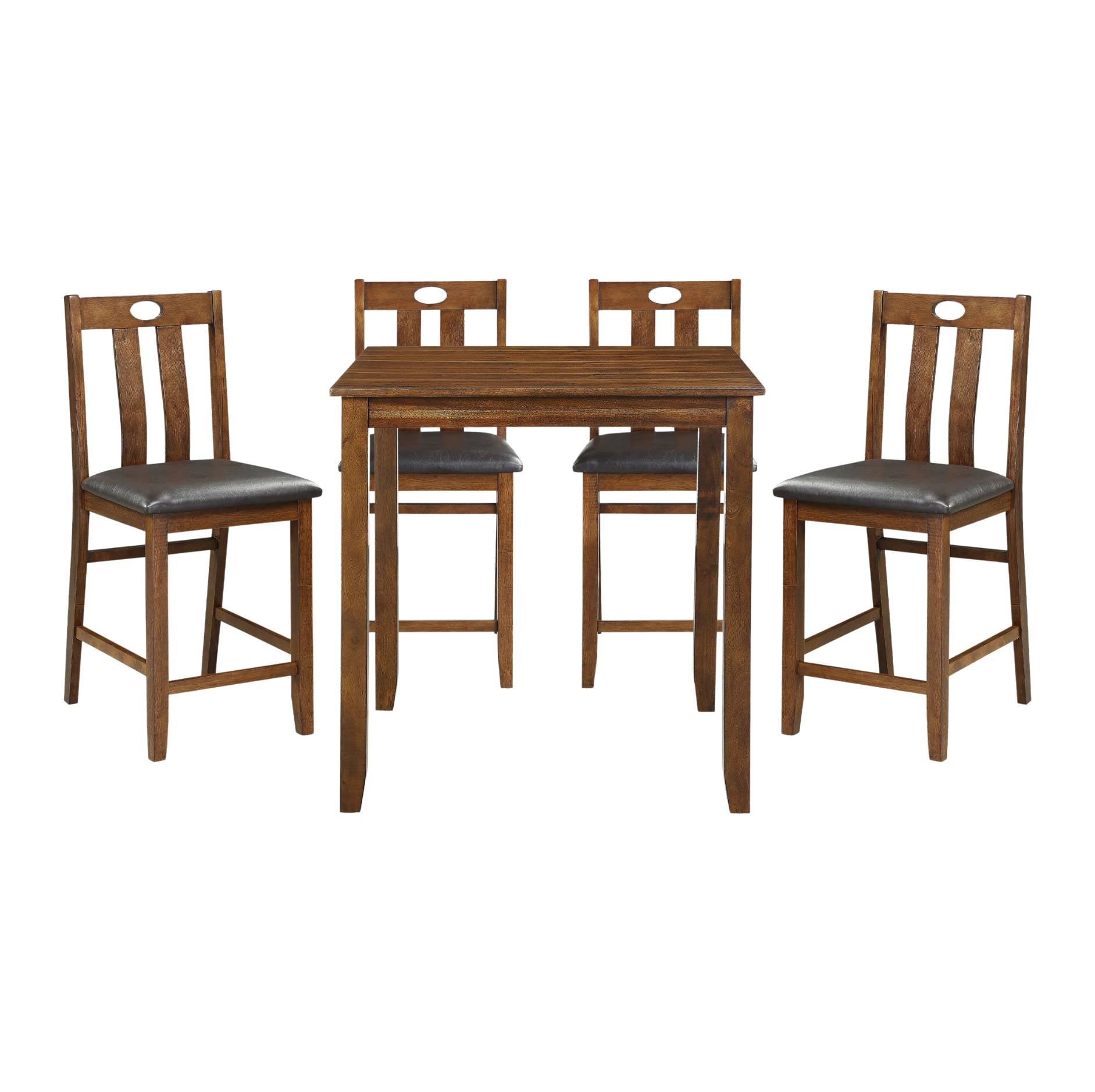 A 5-piece counter height dining set featuring a rectangular wooden table and four matching bar stools with dark gray upholstered seats, shown on a plain white background.