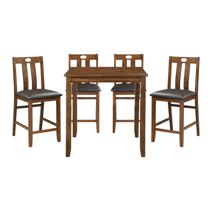 A 5-piece counter height dining set featuring a rectangular wooden table and four matching bar stools with dark gray upholstered seats, shown on a plain white background.
