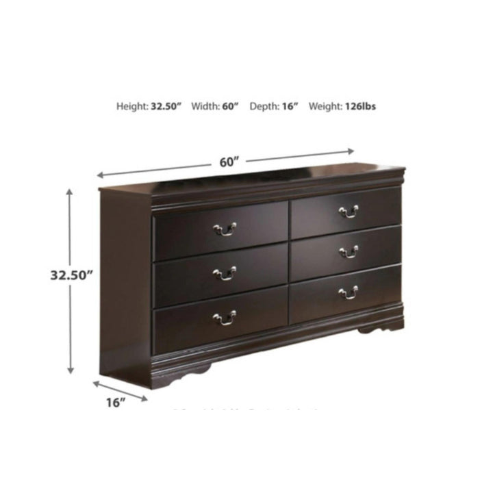 Dark brown dresser with dimensions labeled on a white background