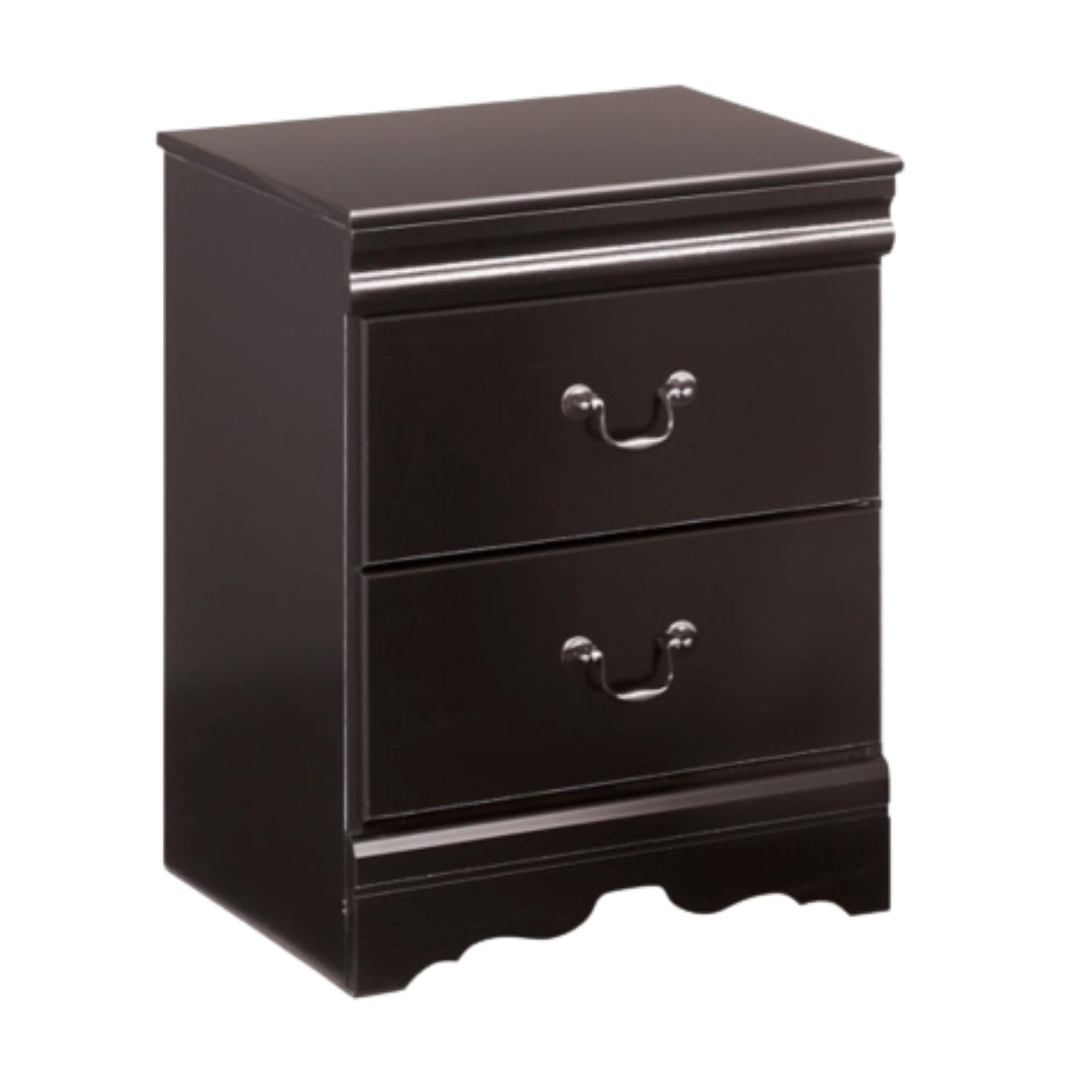 Black two-drawer nightstand on a white background