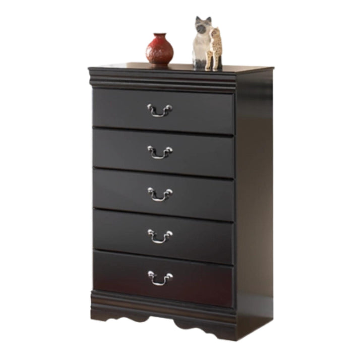 Black dresser with four drawers on a white background