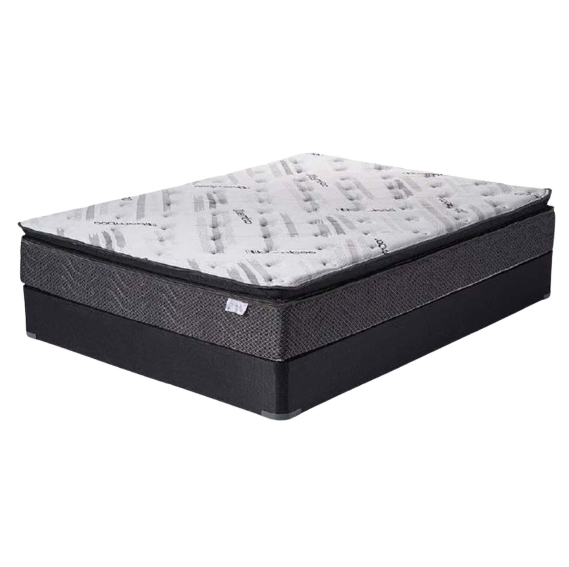 A mattress with a patterned white and gray quilted top and a dark charcoal textured side panel, shown on a plain white background.