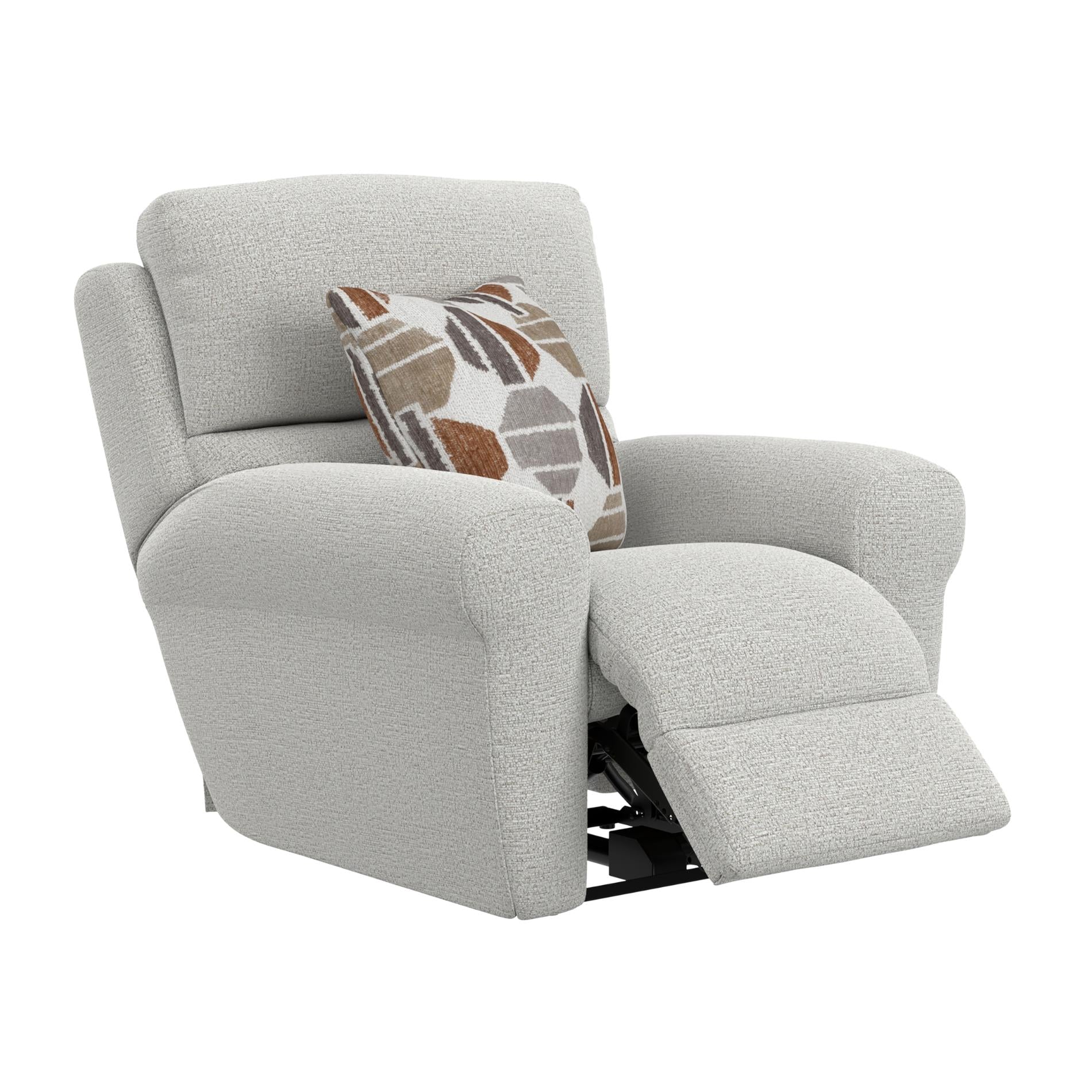 Gray recliner chair with a patterned pillow on a white background