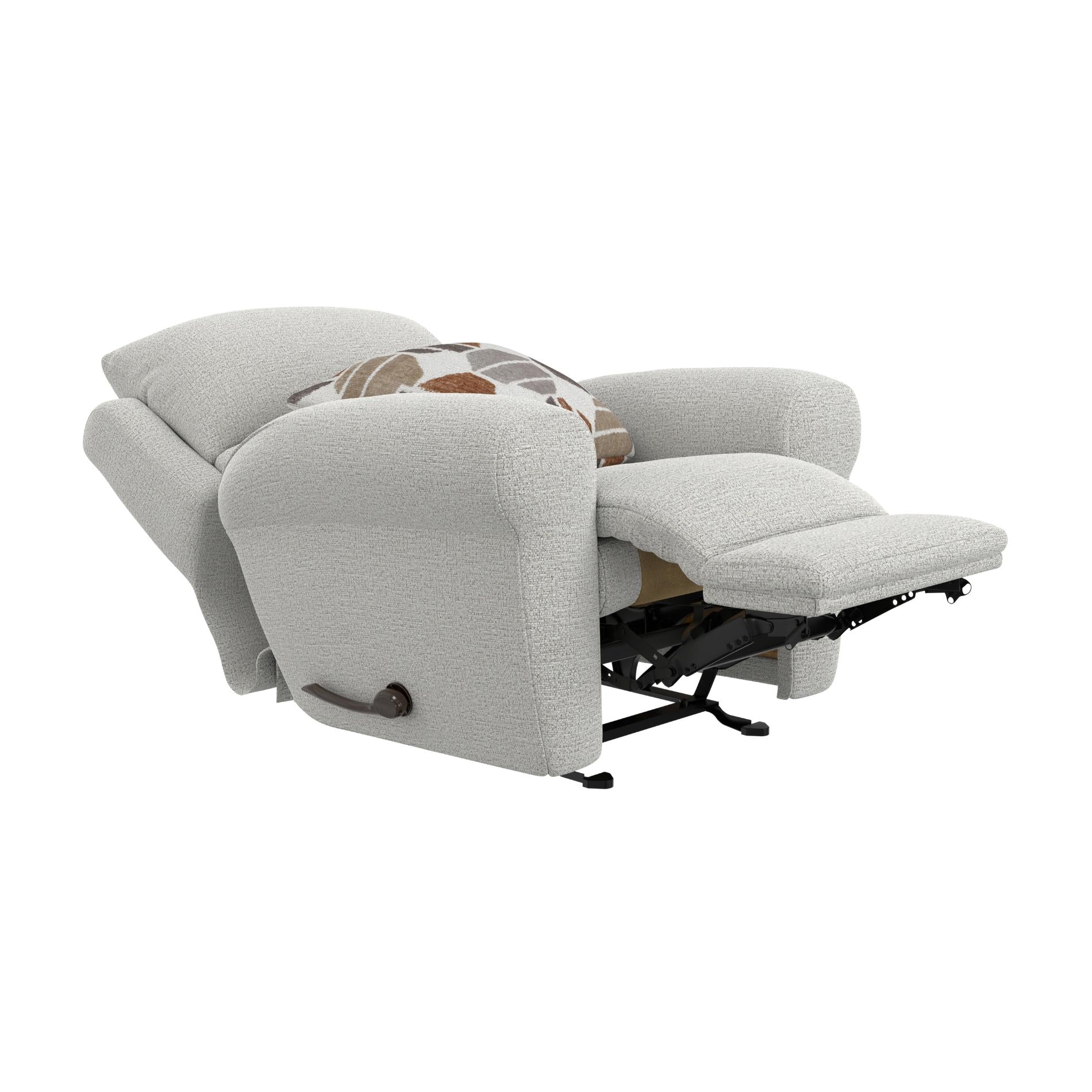 Gray recliner chair with a cushion on a white background