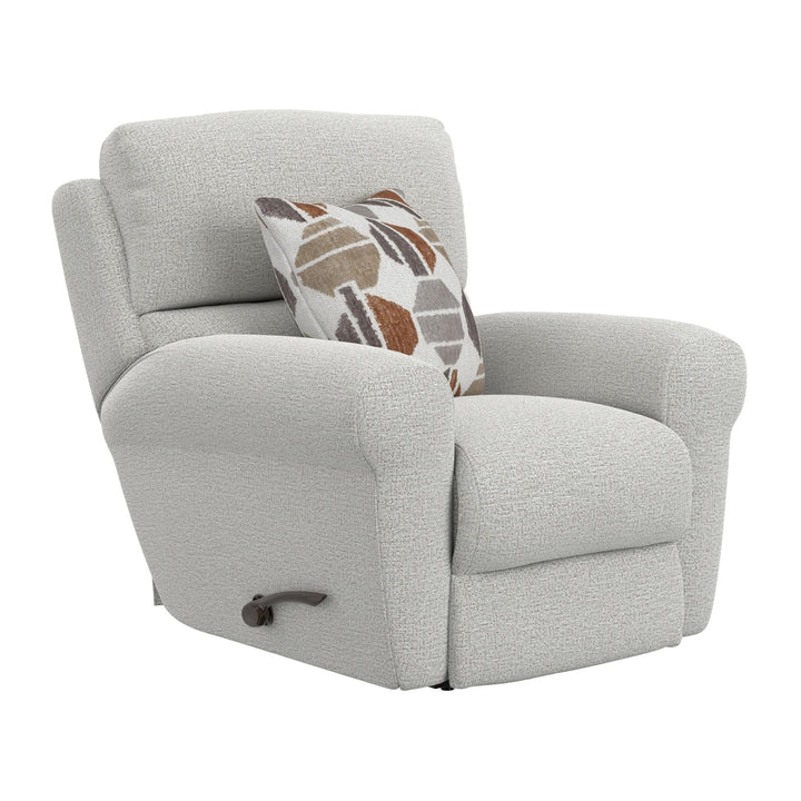 Gray recliner chair with a patterned pillow on a white background