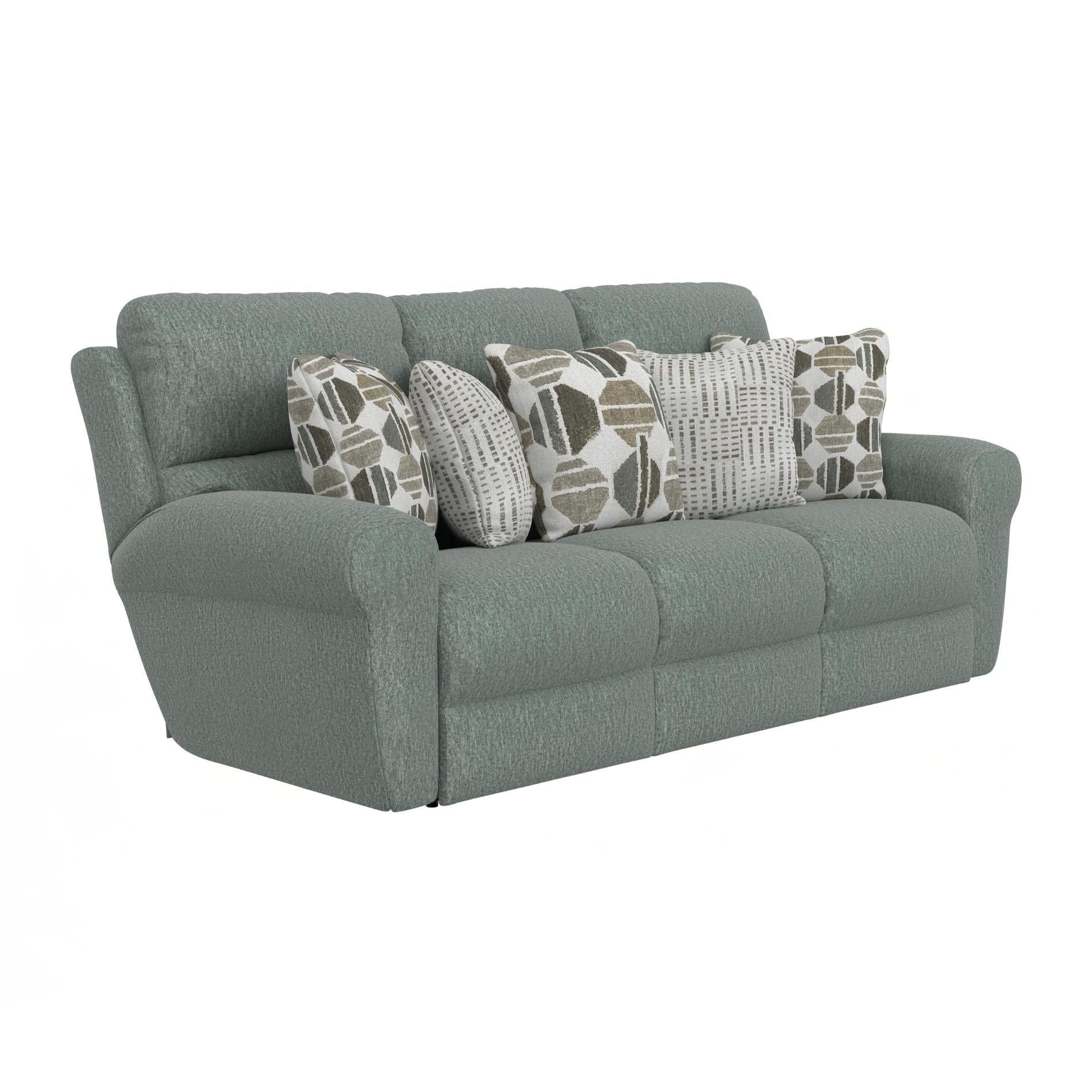 Gray sofa with patterned cushions on a white background