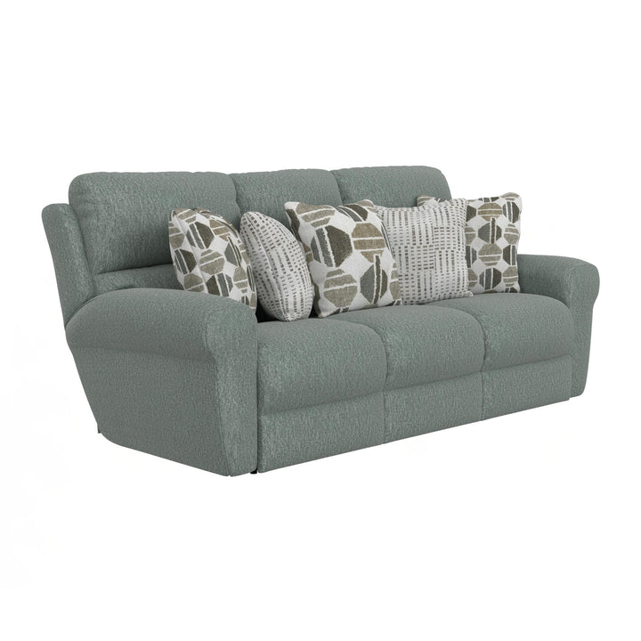 Gray sofa with patterned cushions on a white background
