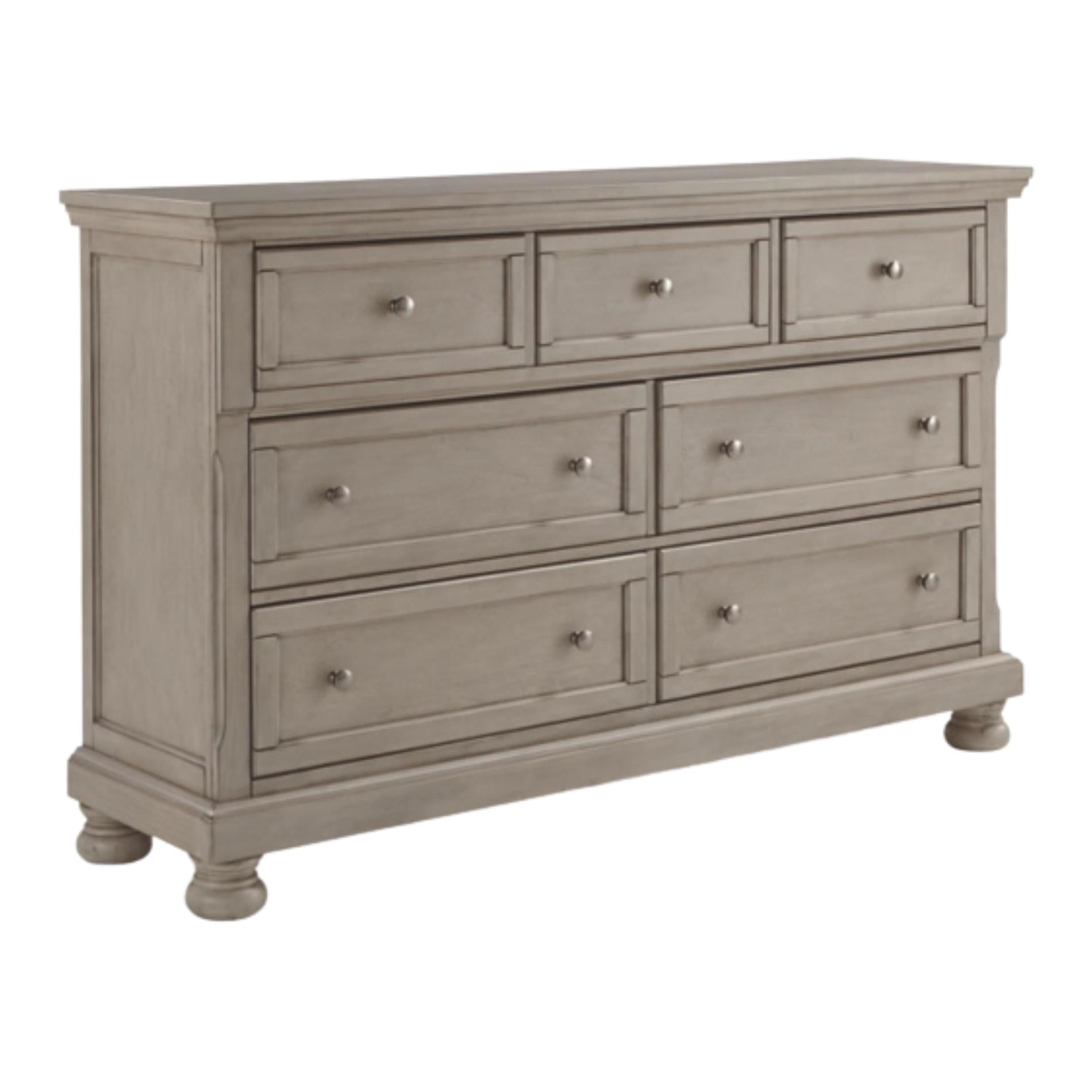 Gray dresser with multiple drawers on a white background