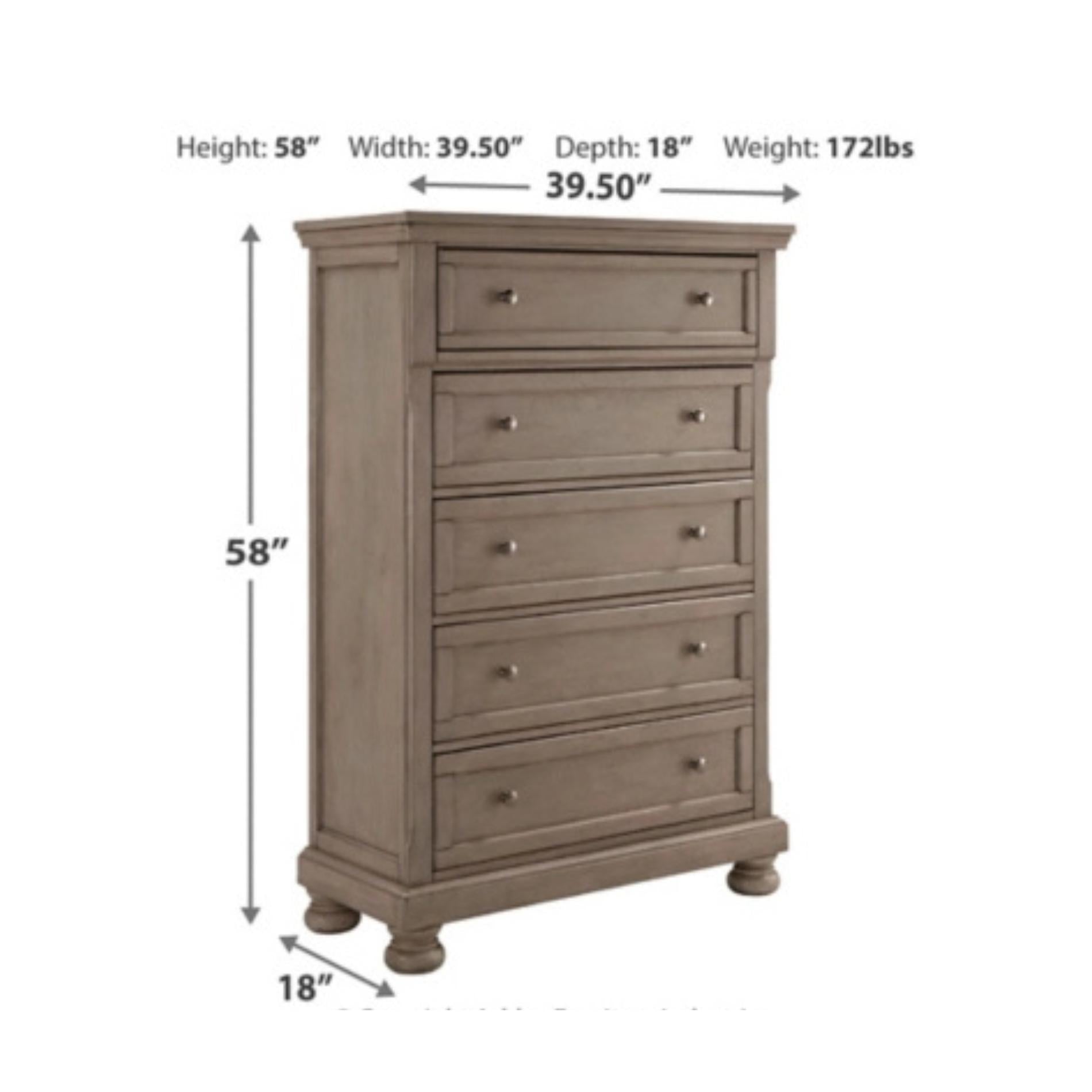 Wooden dresser with dimensions labeled on a white background