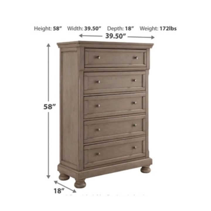 Wooden dresser with dimensions labeled on a white background