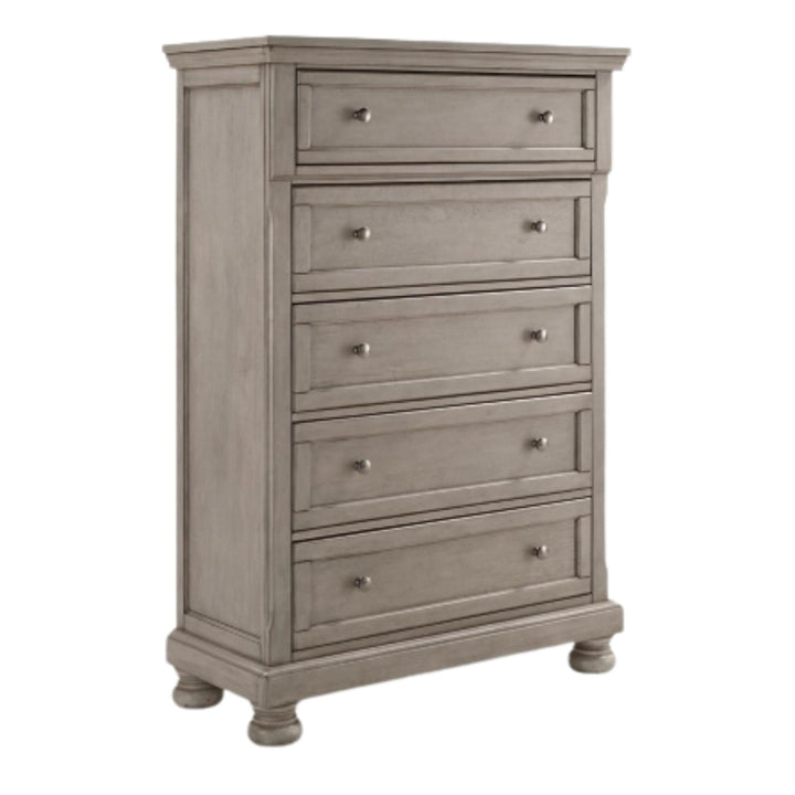 Gray wooden dresser with multiple drawers on a white background
