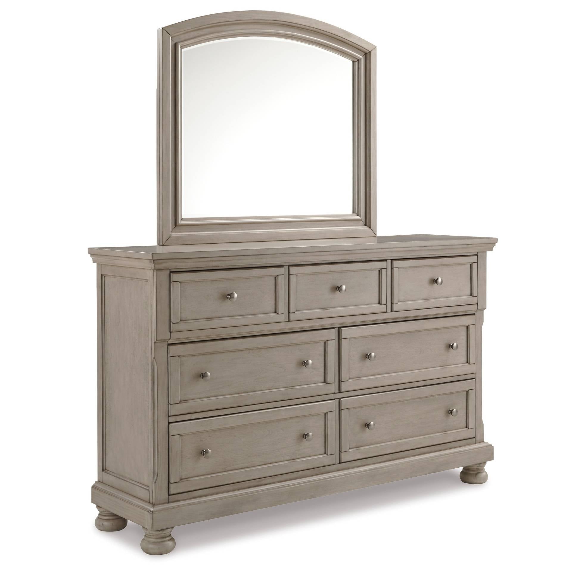 Wooden dresser with mirror on a white background