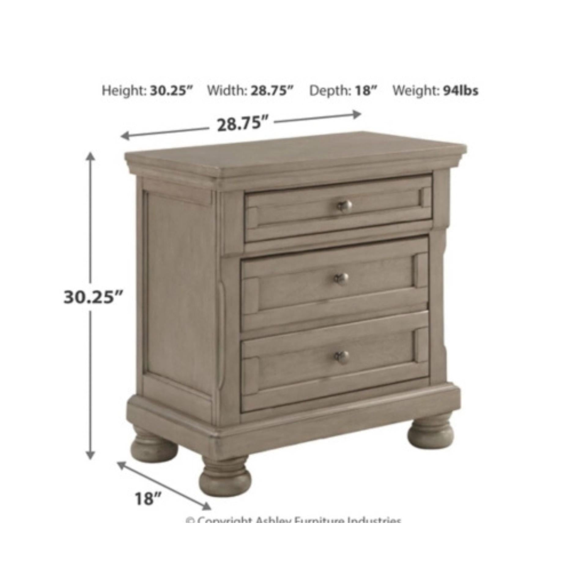 Wooden nightstand with dimensions labeled on a white background