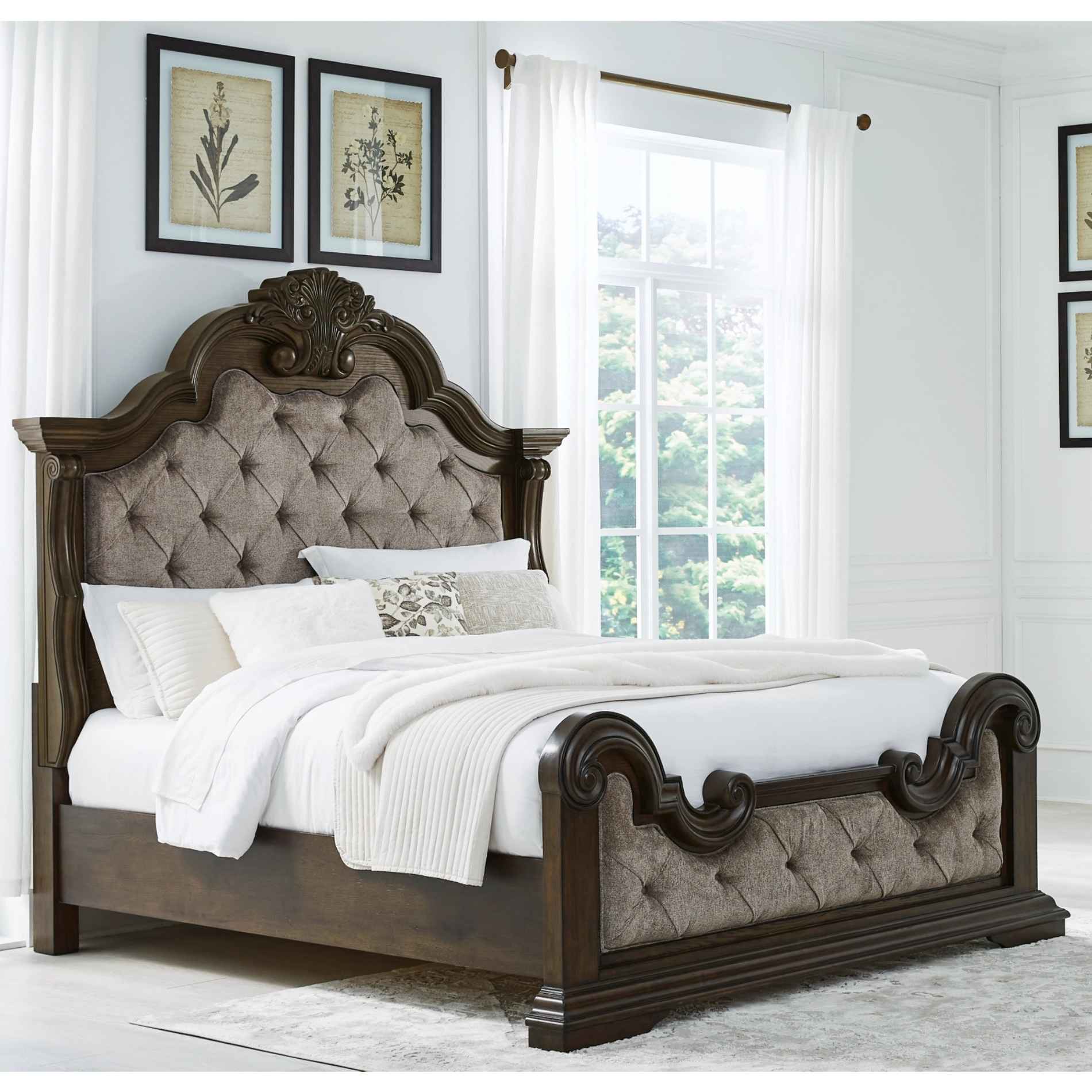 Wooden bed with tufted headboard in a bedroom setting