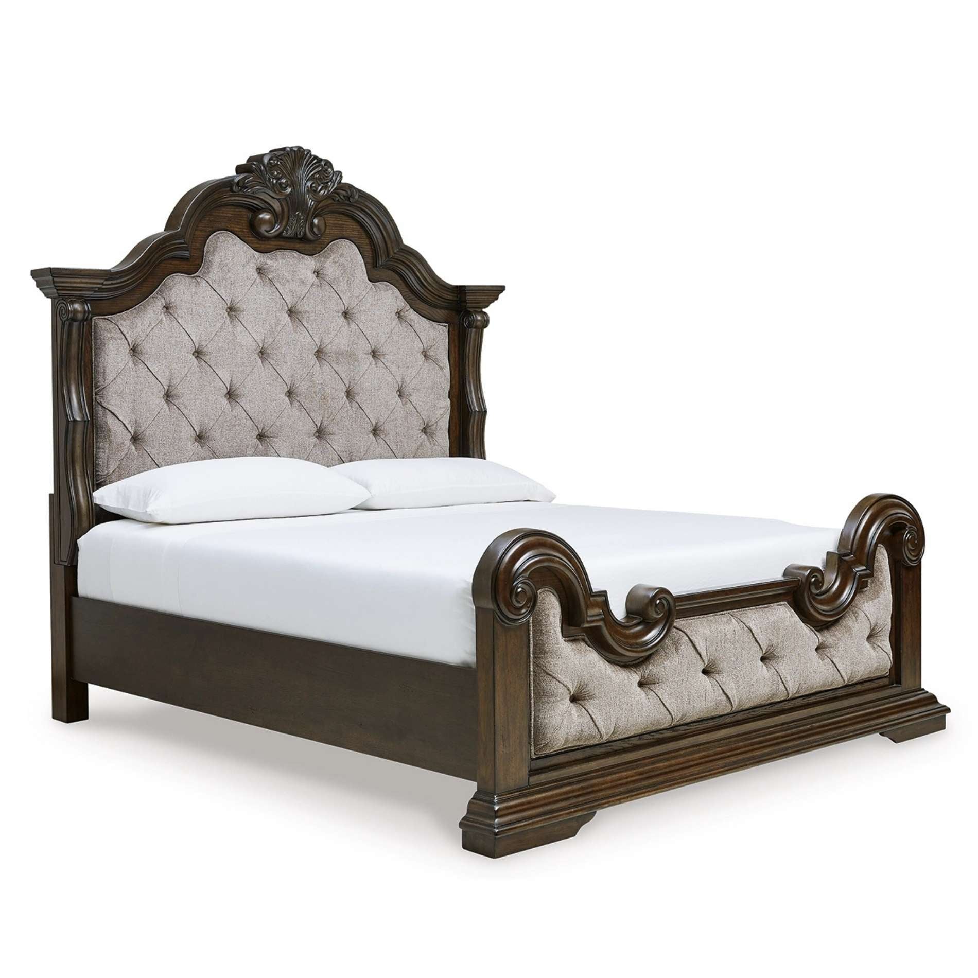 Decorative bed with tufted headboard and footboard on a white background