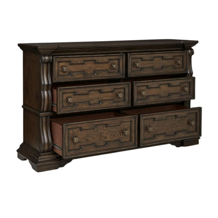 Dark wood dresser with five drawers on a white background