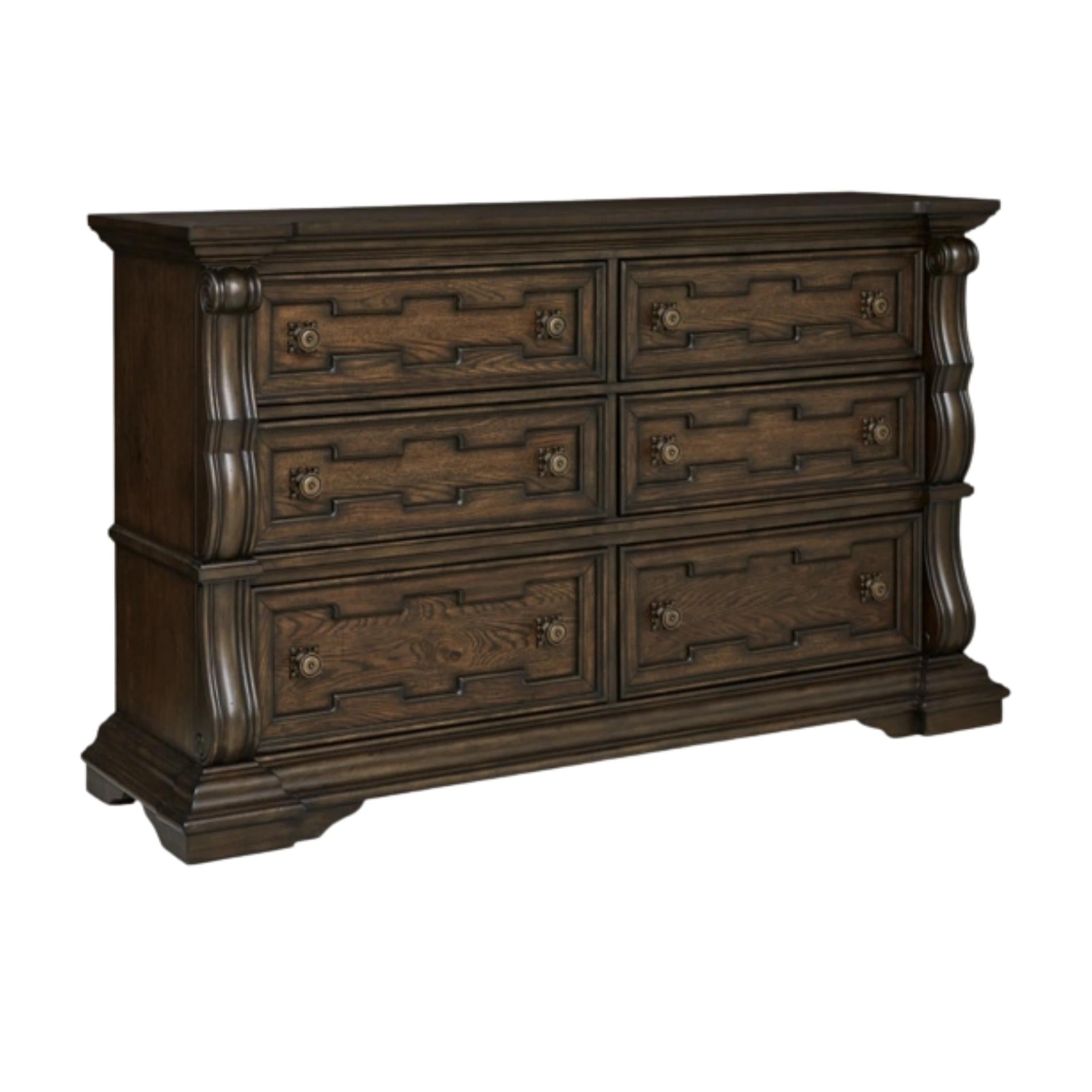 Wooden dresser with multiple drawers on a white background