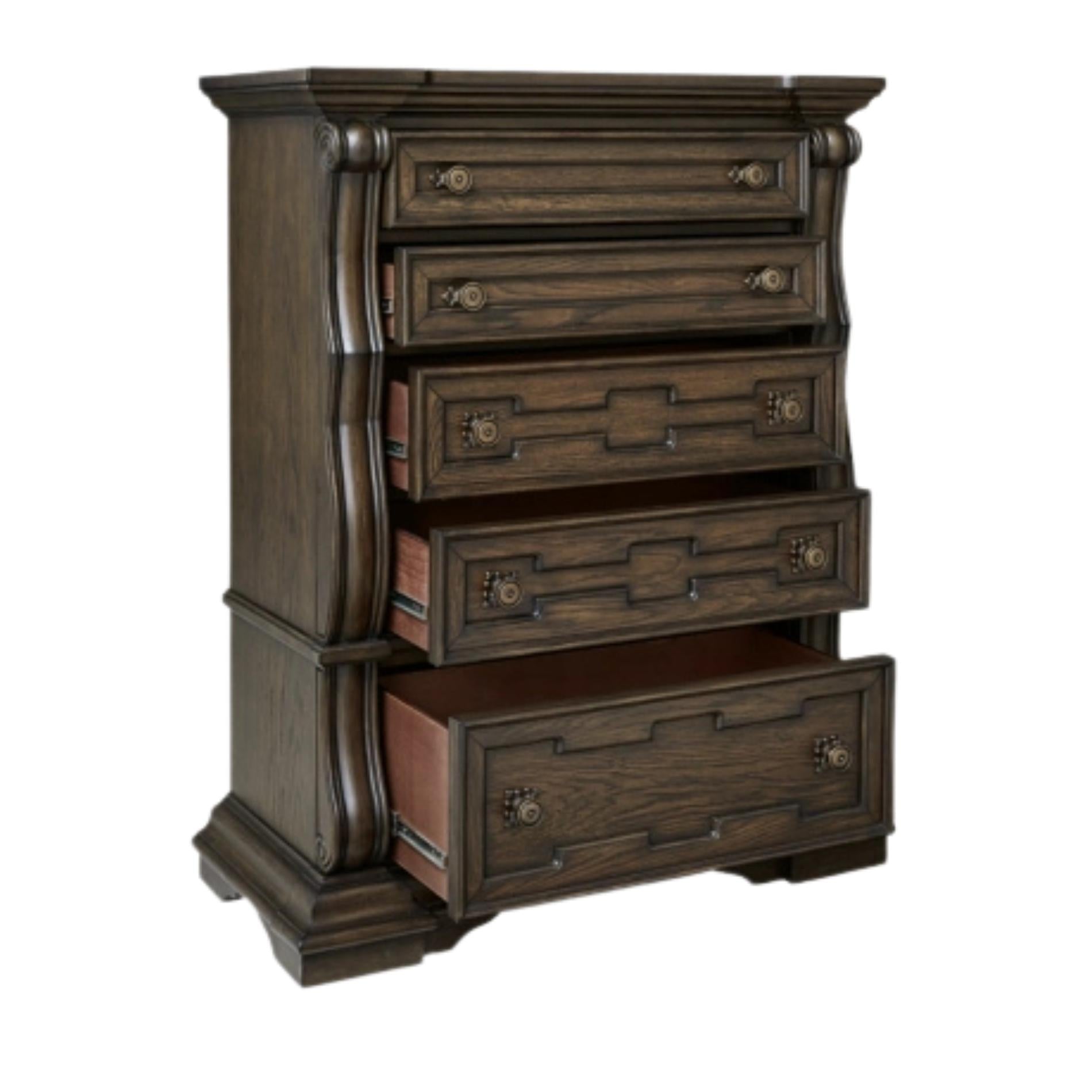 Wooden dresser with multiple drawers on a white background
