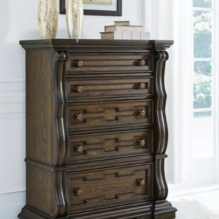 Wooden dresser with decorative elements in a room setting