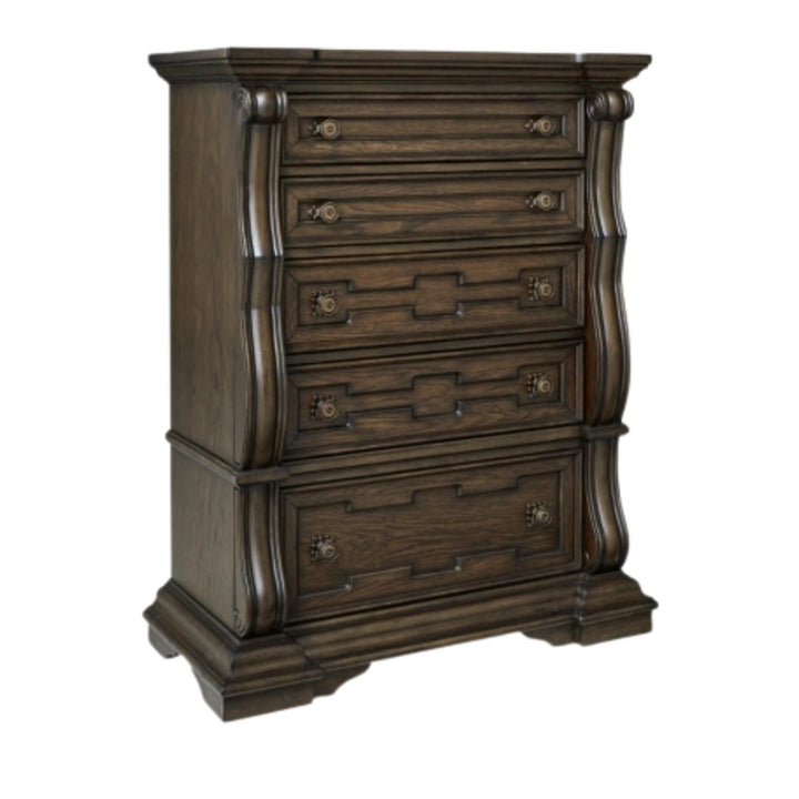 Wooden dresser with multiple drawers on a white background