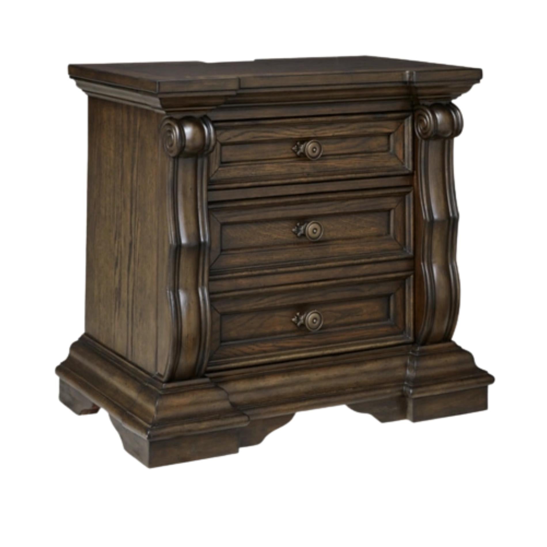 Wooden nightstand with three drawers on a white background
