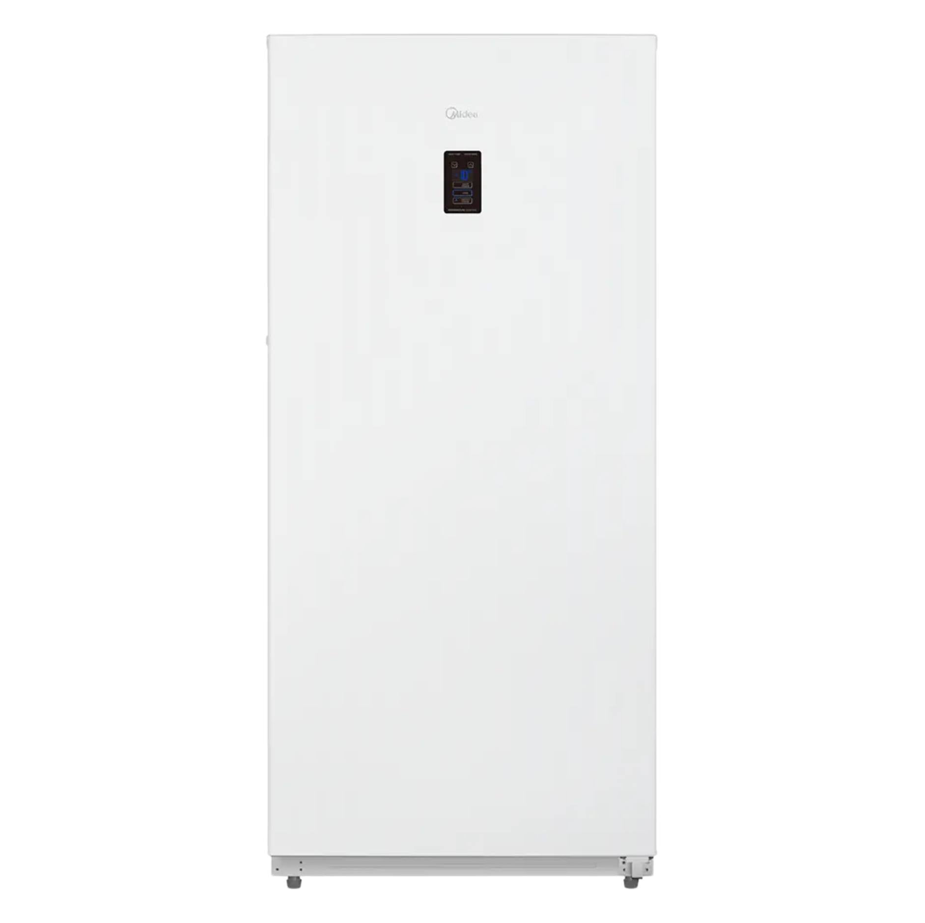 A tall white vertical refrigerator with a small black digital display on the upper door, shown against a plain white background.