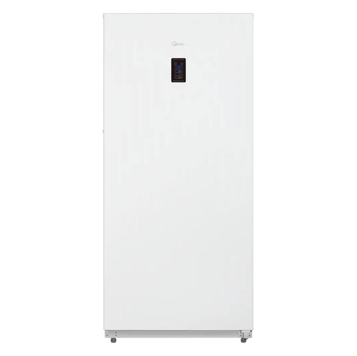 A tall white vertical refrigerator with a small black digital display on the upper door, shown against a plain white background.