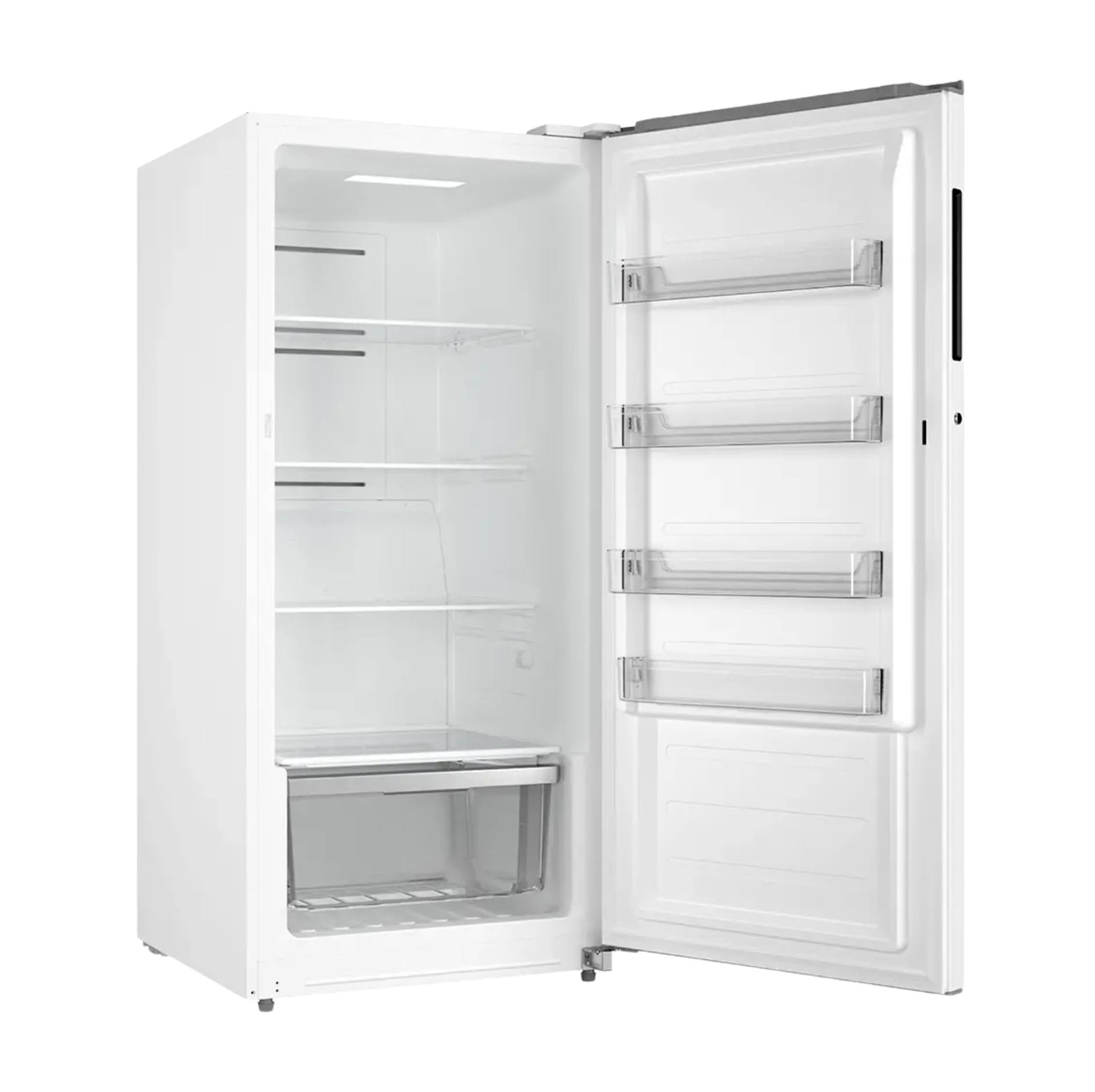 A white single-door refrigerator shown with its door open, revealing empty shelves inside and four transparent door bins on the right side.