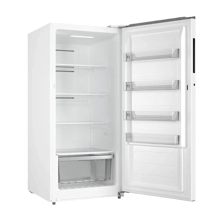 A white single-door refrigerator shown with its door open, revealing empty shelves inside and four transparent door bins on the right side.