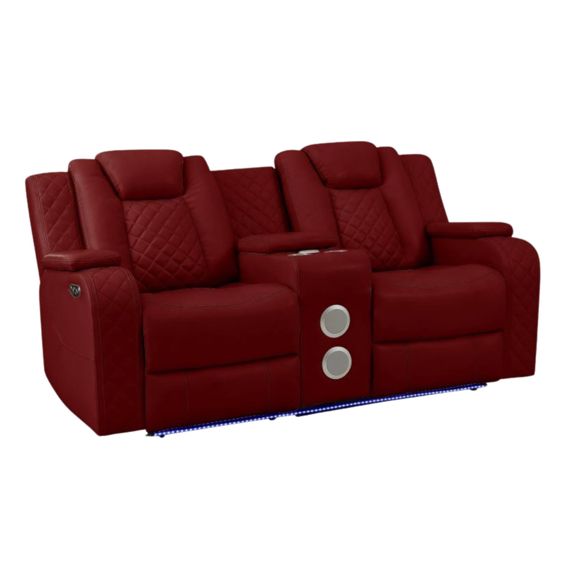A red leather reclining loveseat with two padded seats, quilted backrests, center armrests, a center console with cup holders, and blue LED underglow, shown on a plain white background.