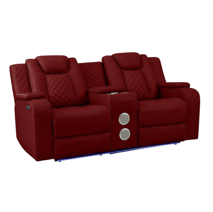 A red leather reclining loveseat with two padded seats, quilted backrests, center armrests, a center console with cup holders, and blue LED underglow, shown on a plain white background.