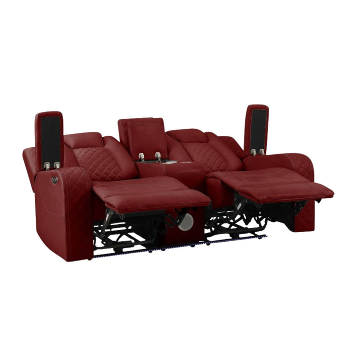 A 3D modular home theater seating system in deep burgundy leather, featuring three reclining seats with extended footrests, black speaker panels on the backrests, and a central console with cup holders.