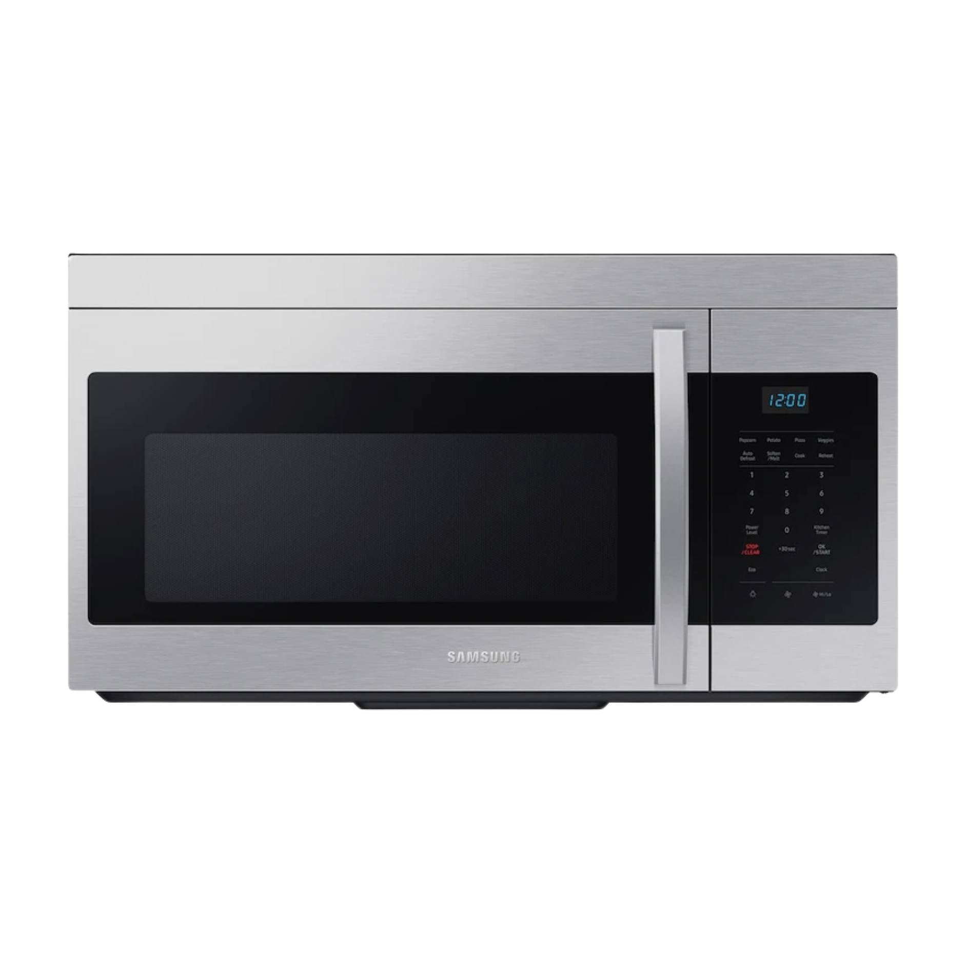 Samsung stainless steel over-the-range microwave with a black glass door, vertical handle, and digital control panel on the right side.