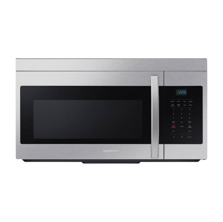 Samsung stainless steel over-the-range microwave with a black glass door, vertical handle, and digital control panel on the right side.