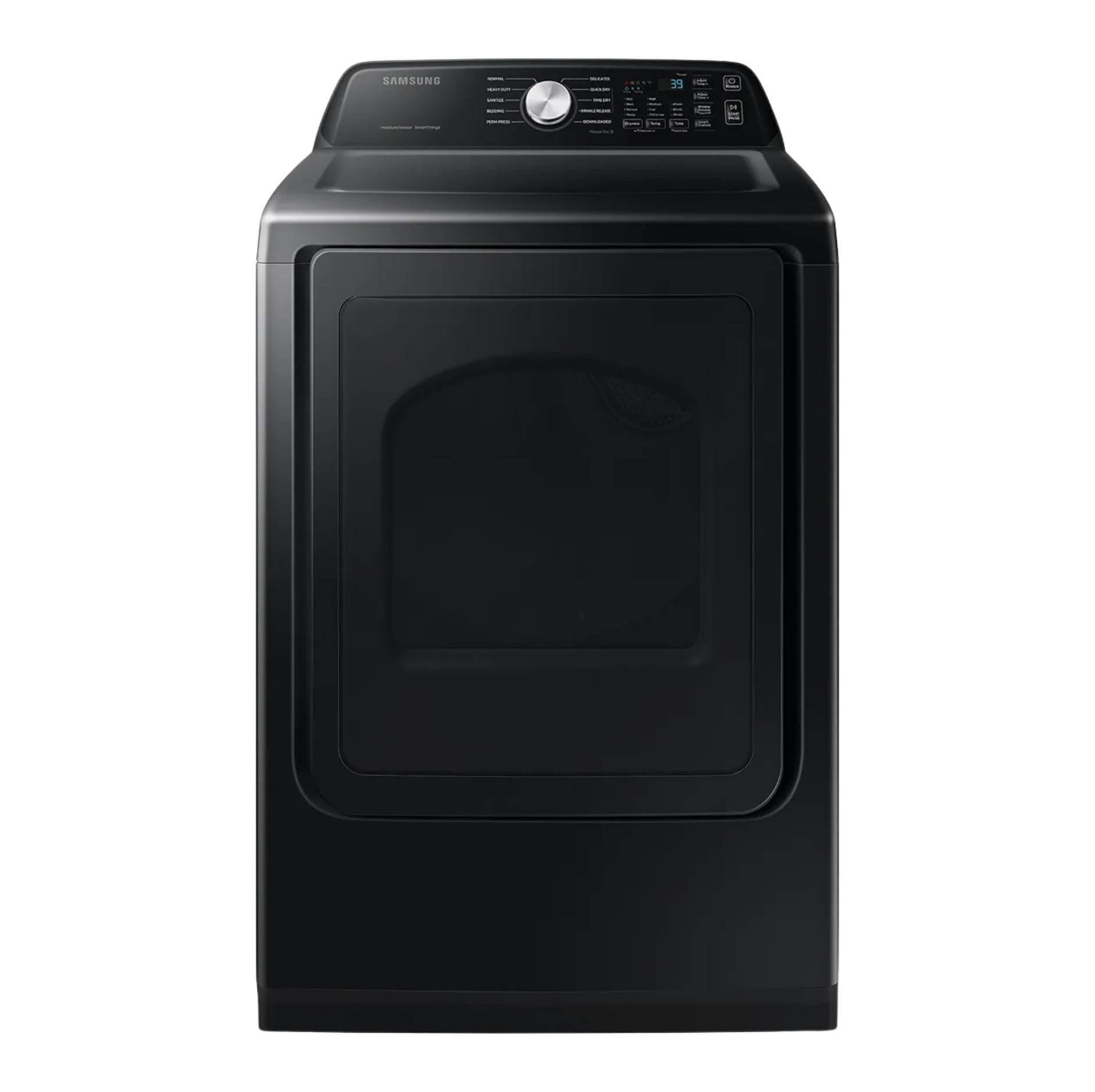Samsung front-load clothes dryer in black, featuring a large glass door and a top-mounted control panel with a dial and touch buttons, shown on a solid white background.