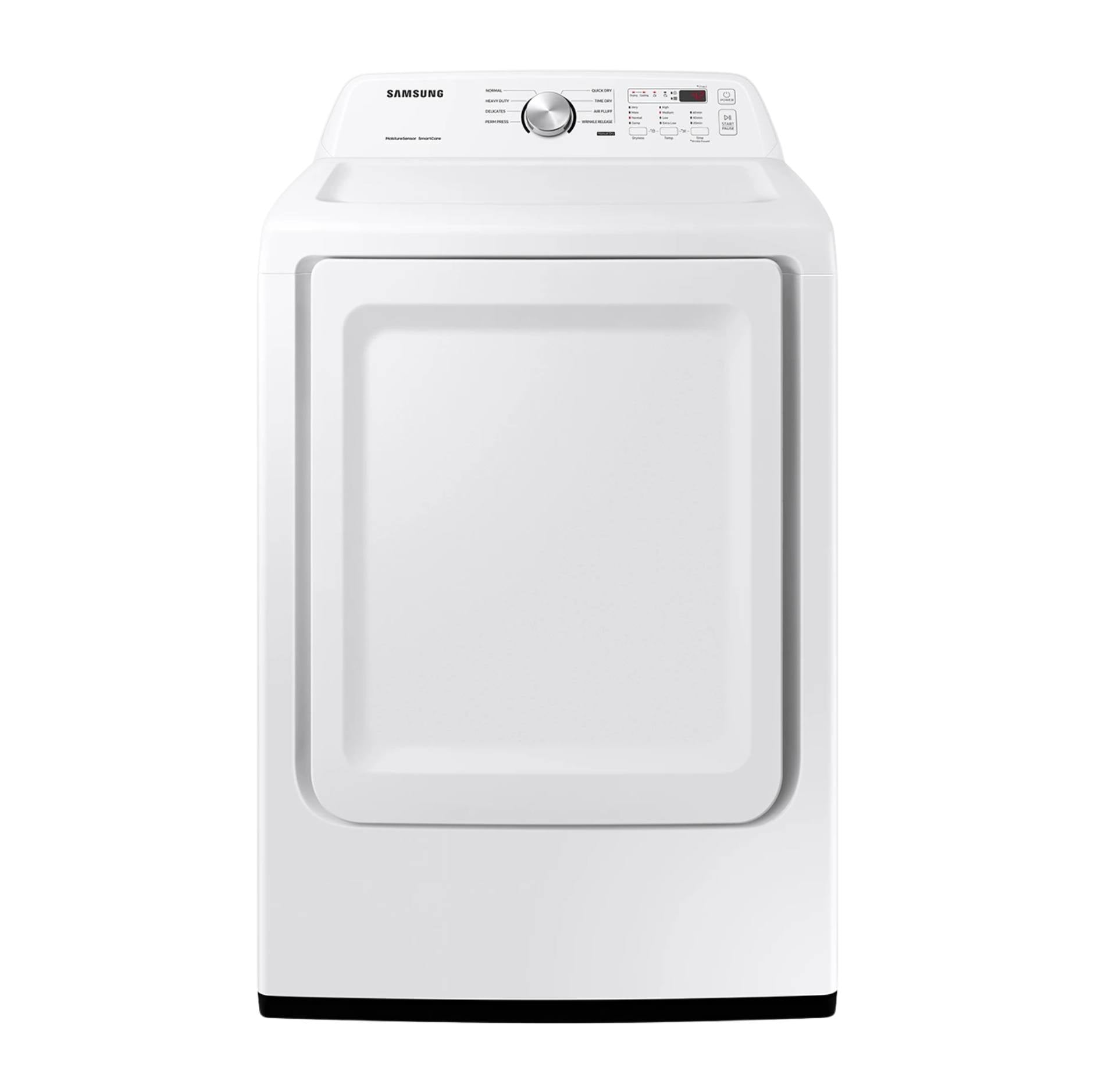 A white Samsung front-load clothes dryer shown from a front-facing perspective against a solid white background.