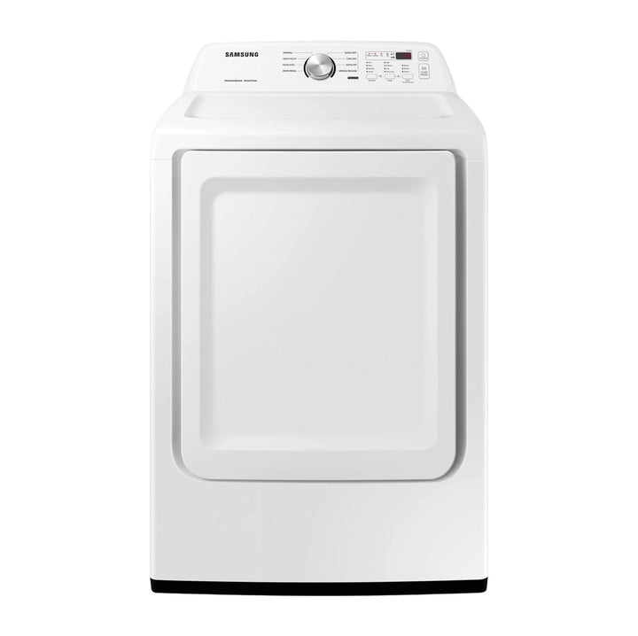A white Samsung front-load clothes dryer shown from a front-facing perspective against a solid white background.