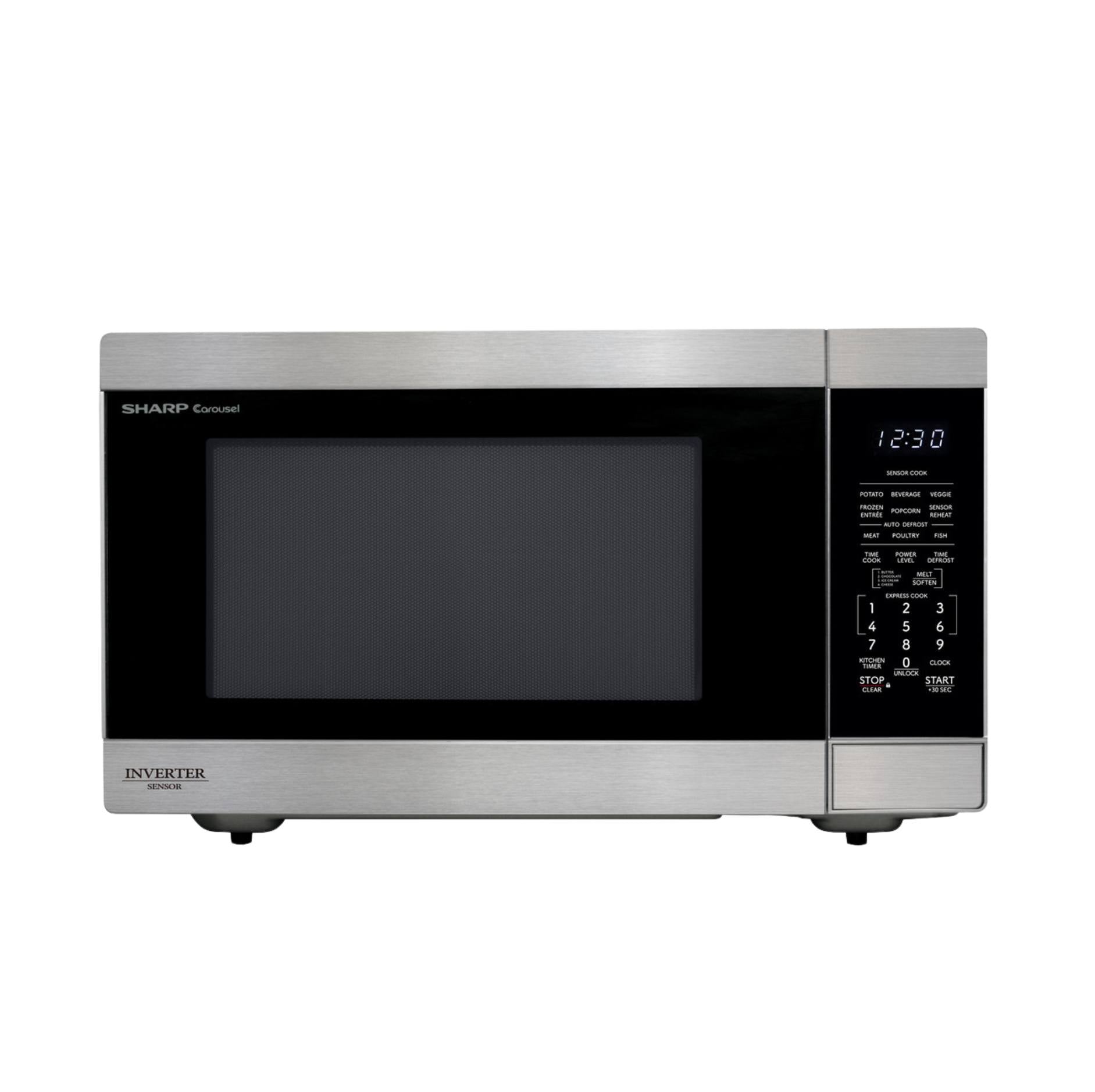 A compact countertop microwave oven with a brushed stainless steel exterior, black glass door window, and a digital control panel on the right side. The brand name Sharpie is visible on the upper left of the door, and Invister is printed on the lower left front panel.