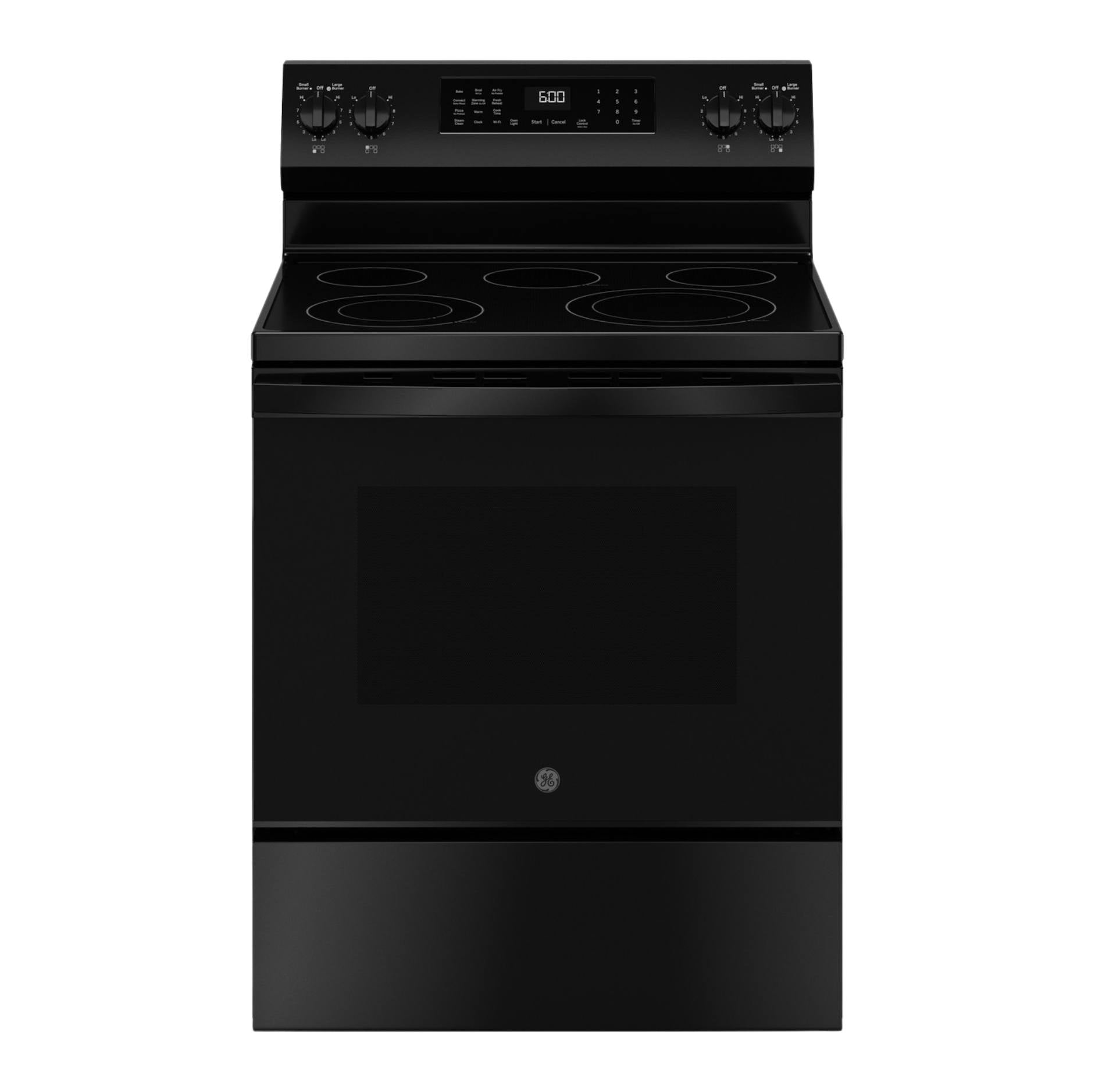 A black GE freestanding electric range with a glass cooktop, five burners, and an oven with a digital control panel on a white background.