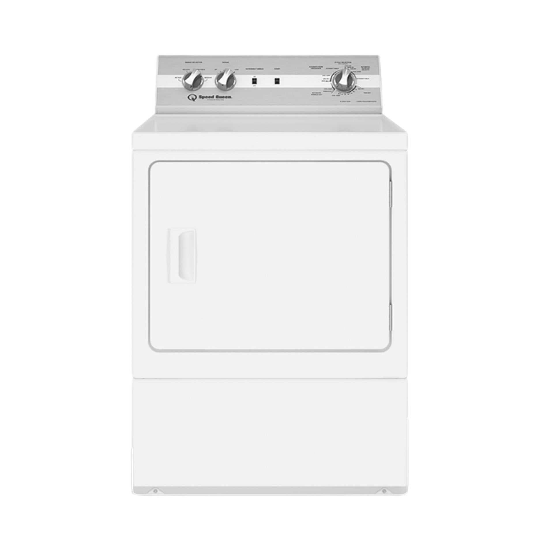 A white front-load clothes dryer with a silver control panel and two rotary dials, shown against a plain white background.