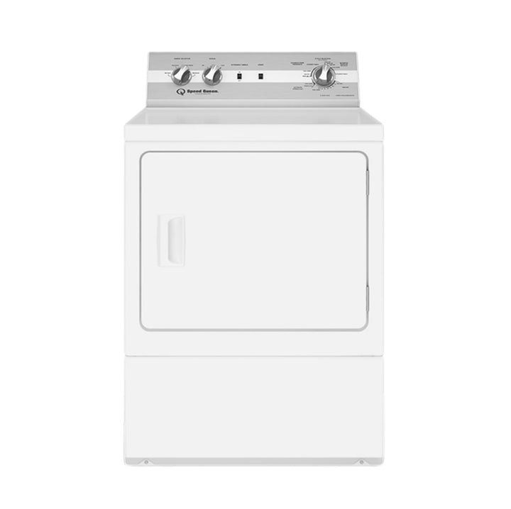 A white front-load clothes dryer with a silver control panel and two rotary dials, shown against a plain white background.