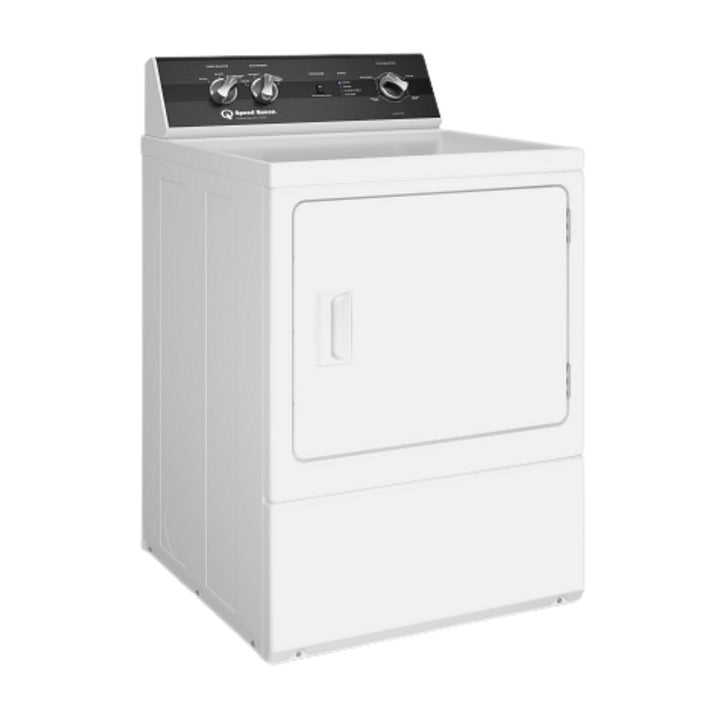 A white front-load clothes dryer with a black control panel on top, shown against a plain white background.