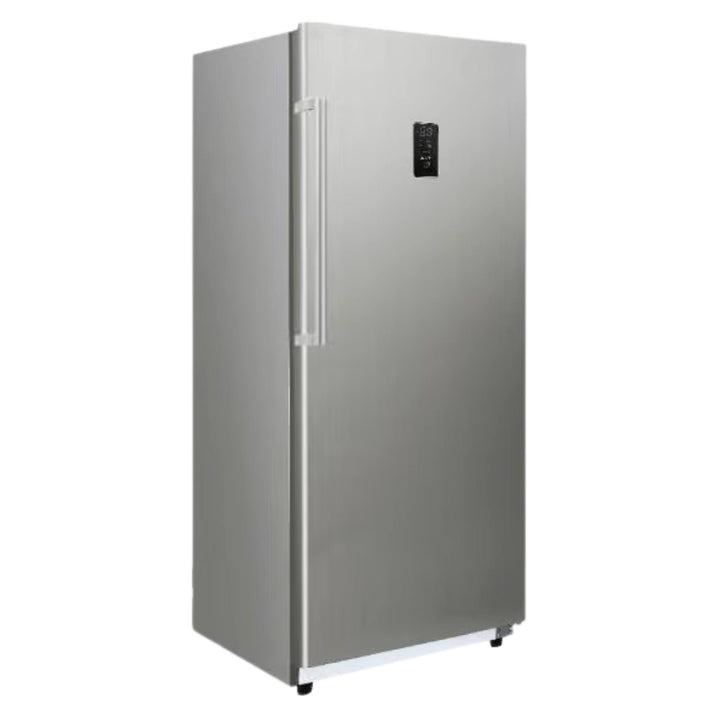 A stainless steel upright freezer with a single door, vertical handle, and a small black digital display near the upper right side, shown on a plain white background.
